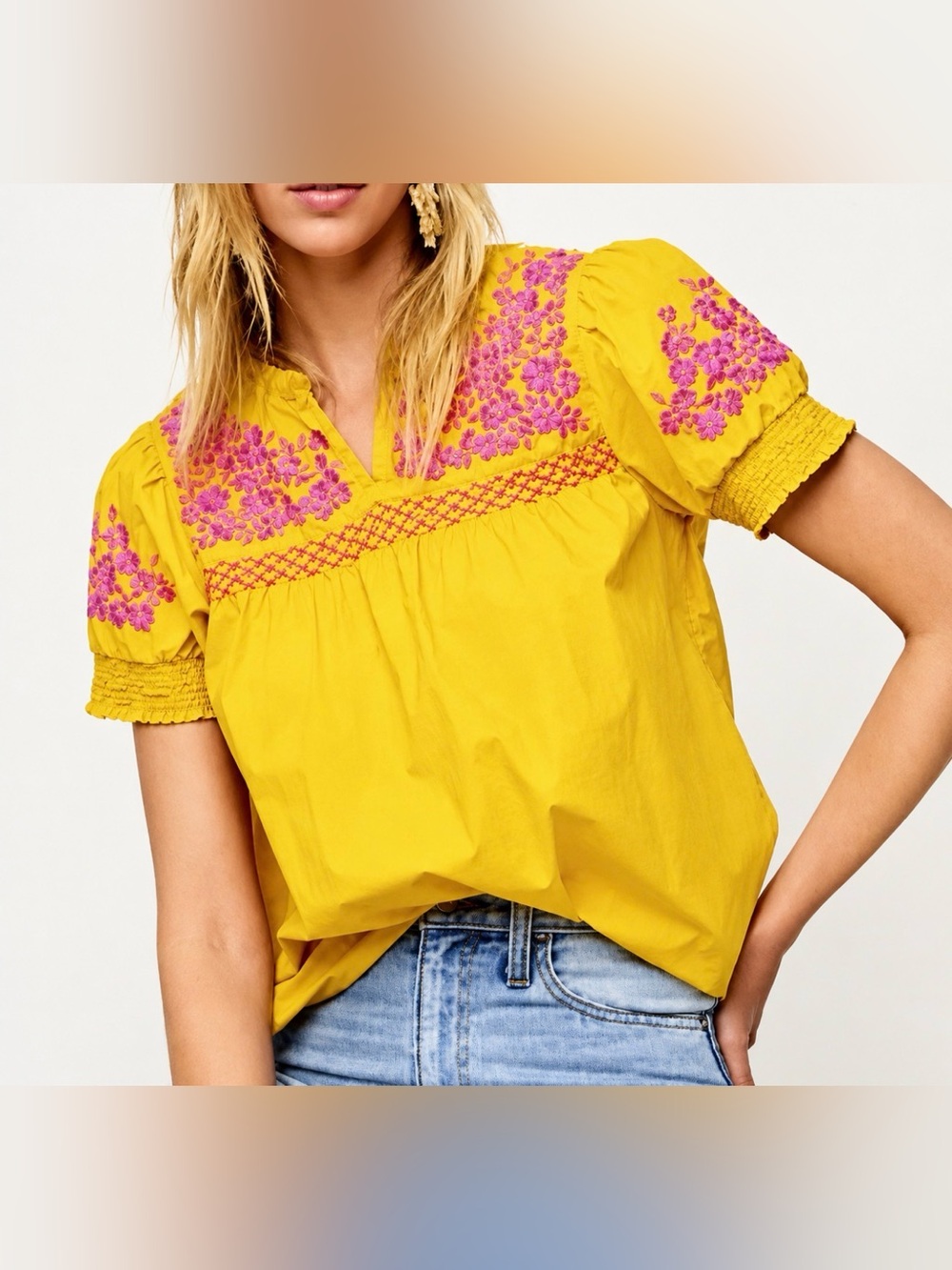 J.Crew Embroidered Cotton Poplin Puff-Sleeve Top Sz XS Golden Sun